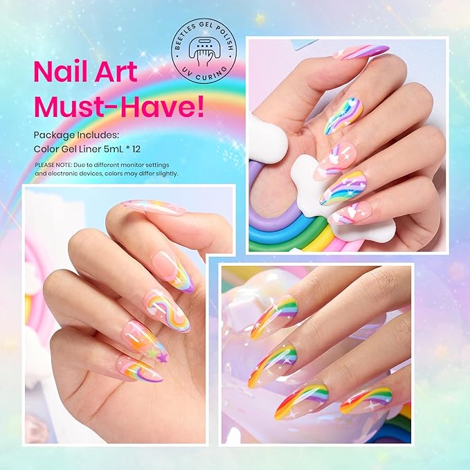 Beetles Rainbow Gel Liner Nail Art Set 12 Colors Neon Gel Nail Polish Pink Orange Blue Yellow French Tip Nails Built Thin Nails Art Brush in Bottle Soak Off Uv Lamp Manicure Salon Gifts for Women