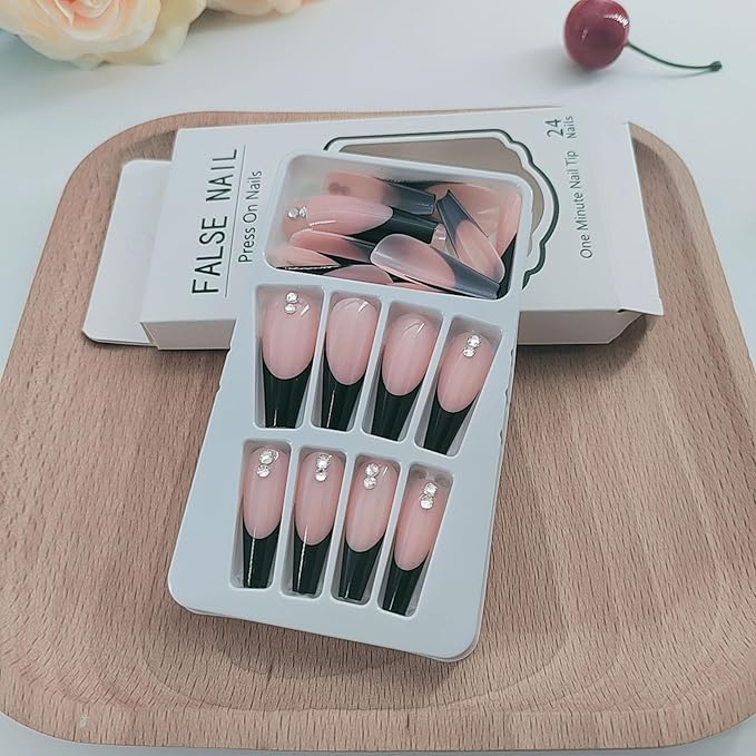 Black French Tip Press on Nails Long Coffin Fake Nails with Rhinestones Design Acrylic Nails Press ons Full Cover False Nails with Glue for Women Daily Wear Simple 24Pcs