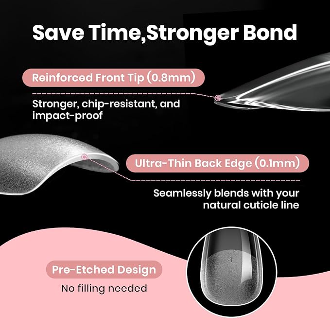 Beetles Gel Nail Tips Curve-EX Almond Short, 160pcs 16 Sizes, Etch-X Half Matte Full Cover Soft Acrylic False Clear Press on Nail Tips Easy DIY Nail Extension Art Salon for Curved & Natural Nail Beds