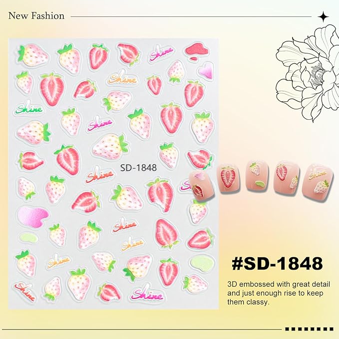12 Sheets Cute Nail Stickers for Nail Art Stickers Cartoon Decals 3D Self-Adhesive Pegatinas Uñas Colored Letters Rainbow Flower Strawberry Nails Art Design for Women Manicure Decoration YX1231