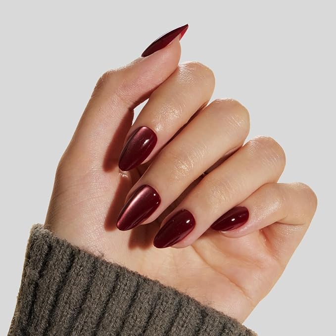 LAMIMOSA 32Pcs Burgundy Red Cat Eye Press On Nails Short Almond – Soft Gel Fake Nails kit in 16 Sizes, Reusable Glue on Nails, SPARKLING RED