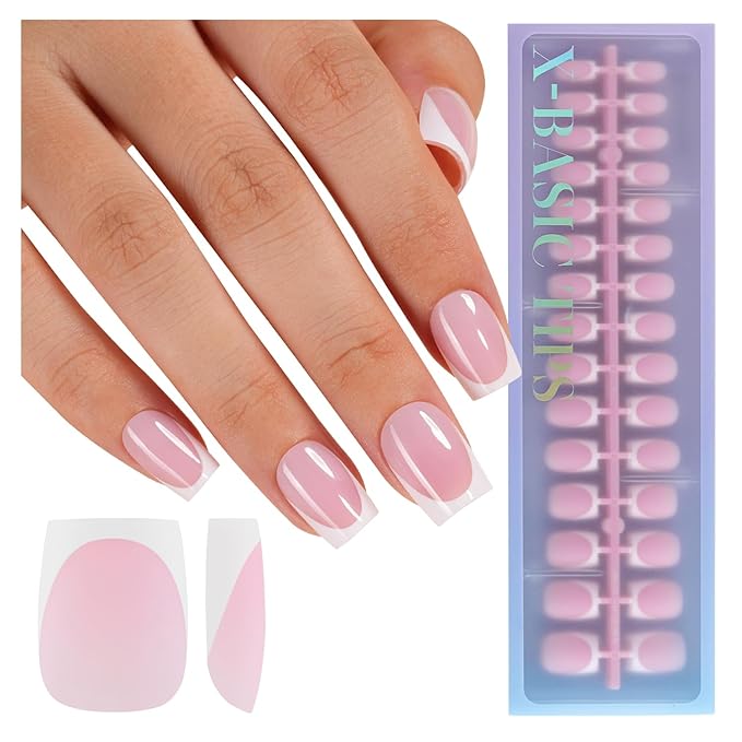 X-BASIC TIPS French Tip Press On Nails, 150Pcs French Gel Nail Tips Short Square, Soft Gel Pre-shaped No Need to File 3 in 1 Tips, Fake Nails for Nail Art DIY Extension Designs 15 Sizes