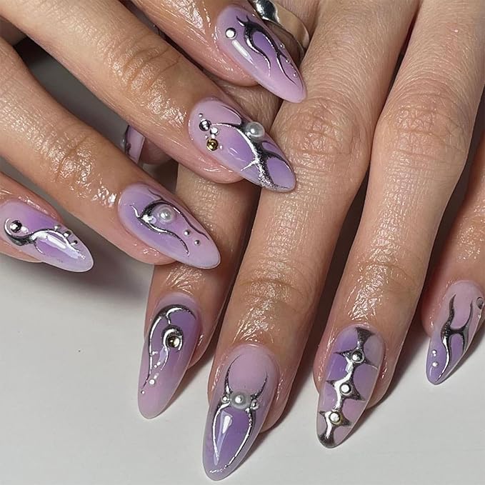 Ombre Purple Press on Nails Medium Almond False Nails with Silver Flame Designs 3D Pearl Fake Nails Glossy Rhinestones Glue on Nails Full Cover Reusable Stick on Nails for Women Girls Manicure 24Pcs