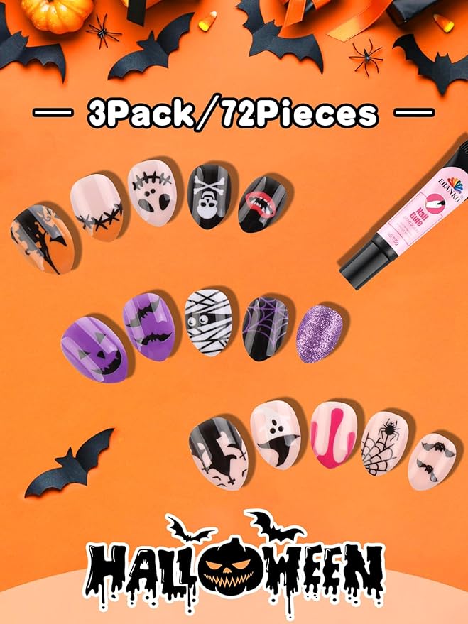 EBANKU Halloween Kid Press on Nails, 72Pcs Almond Fake Nails Kit Full Cover Bat Pumpkin Wed Design Stick on Nail with Nail Glue for Girl