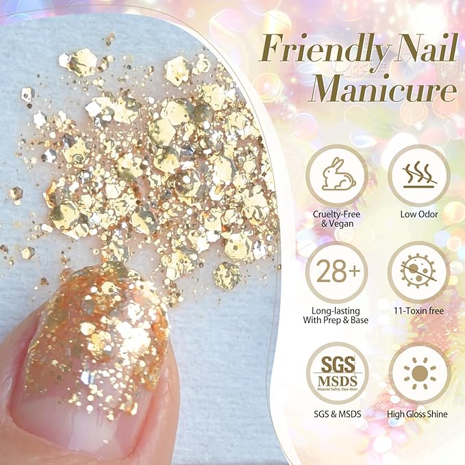 Born Pretty Glitter Gel Nail Polish with Sequins, 6 Pcs Gold Silver Purple Green Blue Hot Pink Long Lasting Sparkly Shiny U V Gel Polish Set for Manicure and Nail Art, DIY at Home, Salon-Quality 7ml