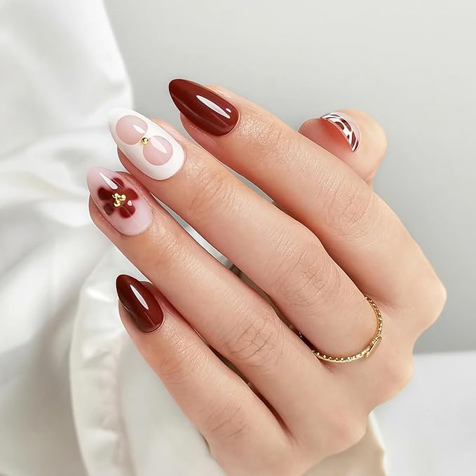 Press On Nails - Blossom | Floral Design Almond UV Finish Nails, Salon Quality | 32 Nails, 16 Sizes Kit with Glue and Adhesive Tabs I Female Founded