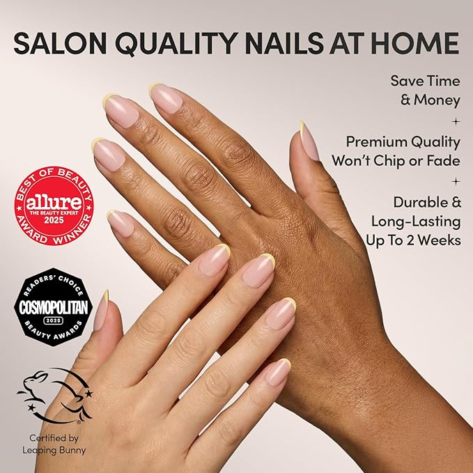 Glamnetic Press On Nails - French Butter | Short Round Fake Nails with Yellow French Tips and Glossy Finish, Salon Quality | 15 Sizes - 30 Nail Kit with Glue