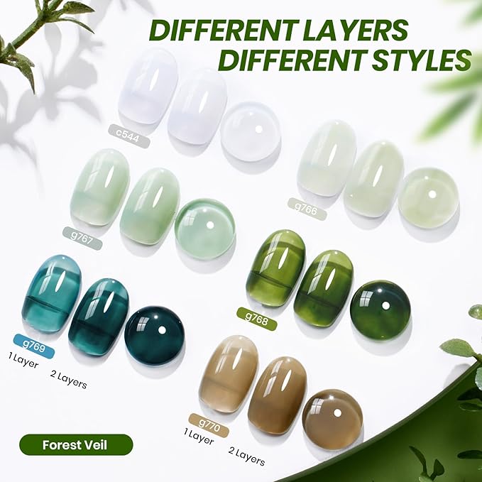 Beetles Forest Veil Jelly Gel Nail Polish Set - 6 Colors St Patricks Day Gel Polish Kit Milky White Olive Sage Green Deep Teal Warm Khaki Sheer Translucent Soak Off UV DIY Manicure Gift for Women
