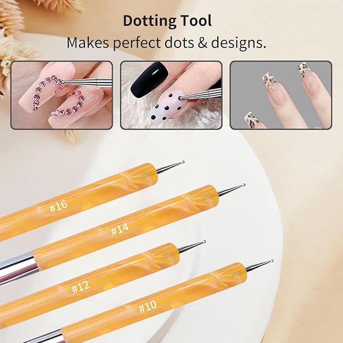 4Pcs French Tip Brush, Double-Ended French Brushes for Nails with Dotting Tool, Clean Up Brush for Gel Nail Polish, Size 10/12/14/16, Acrylic Nail Art Brushes, Manicure Tools for Nail Design-Yellow