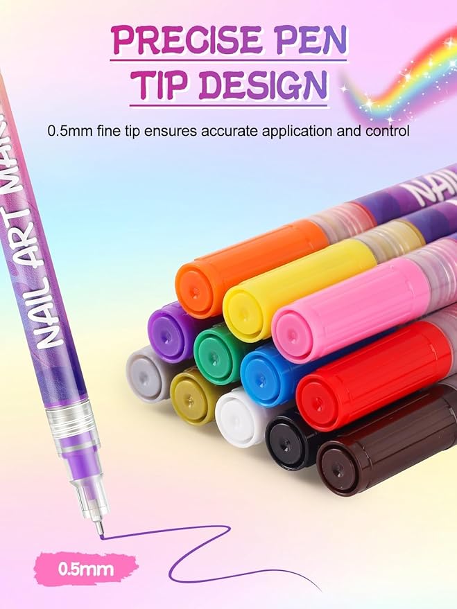 EBANKU 12 Colors Nail Art Pens Kit 0.5MM Ultra-Fine Tip 3D Nail Polish Pens Quick-Dry Acrylic Paint Pens Nail Markers Dotting Tools for Valentine's Heart Nails Home & Salon Manicure