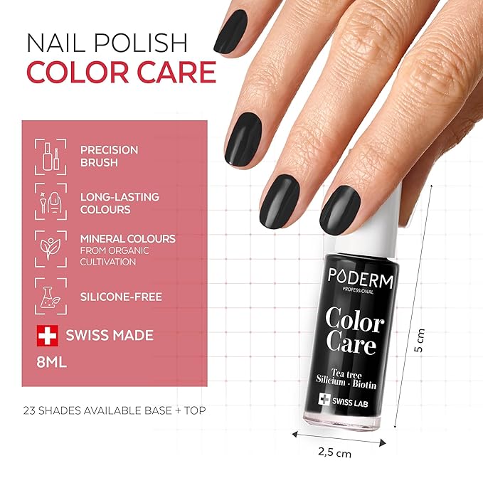 PODERM Nail Polish – Enriched with Tea Tree & Biotin – Improves Nail Appearance – Vegan Formula – For Hands & Feet – Swiss Made (Jet Black)