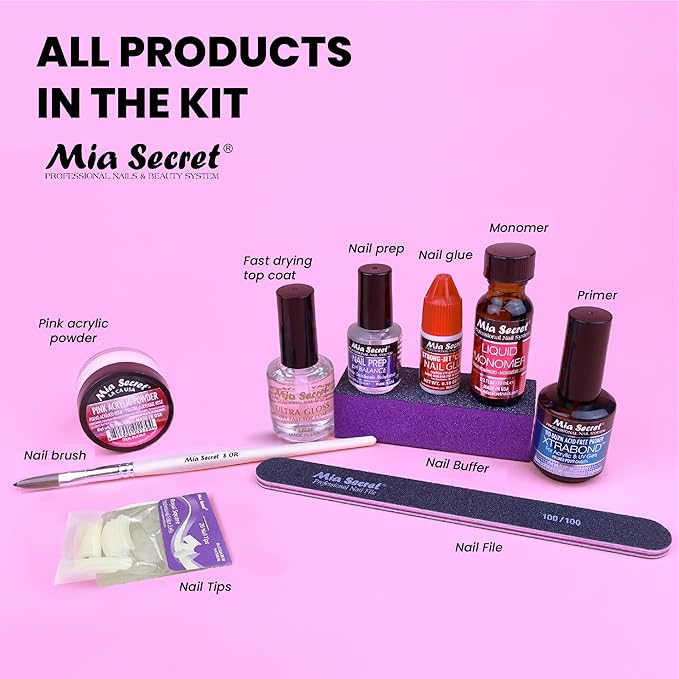 MIA SECRET Pink Acrylic Nail Kit - Full Kit With Powder, Liquid Monomer, Primer, Glue, Top Coat, 20 Nail Tips, Brush, Emery Block, File