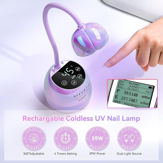 Makartt UV LED Nail Lamp - Gooseneck UV Light for Gel Nails USB 39mW/cm² Cordless Flash Cure Lamp with 4 Times & Auto Sensor Nail Dryer Fast Curing Nail Art Design for Salon Home DIY (Glazed Purple)