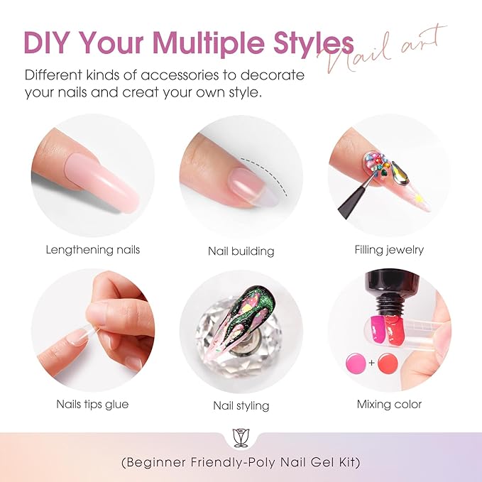 ROSALIND Poly Nail Gel Kit -16 Colors + Nude Pink Nail Art Accessories kit Clear Nude Poly Nails Gel Kit Starter Kit With Slip Solution Nude Pink Nail Extensions Gel Set with Mini UV Lamp