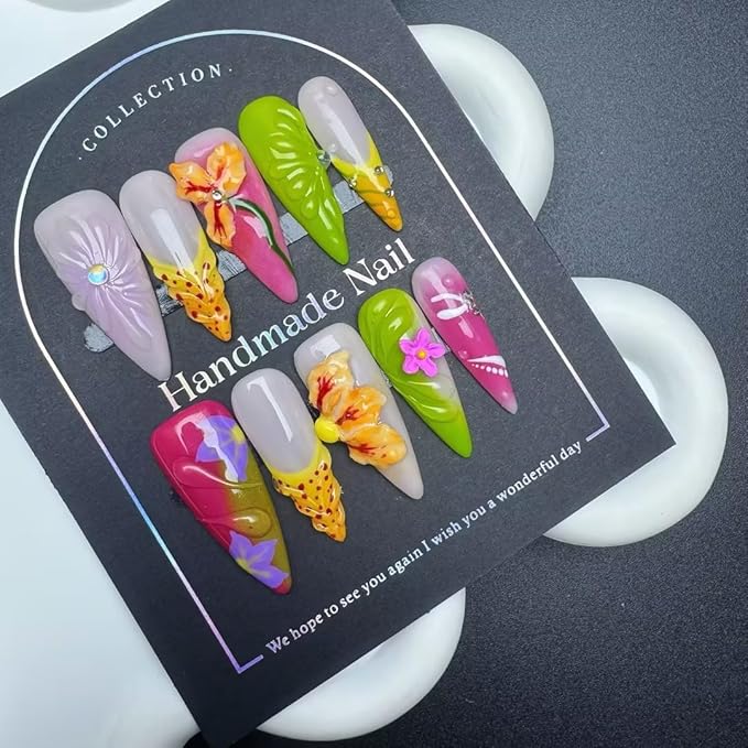 Press on Nails Handmade Stiletto Almond Shaped Medium False Nails Luxury 3D Flower and Droplet Design Full Cover French Tip Muti-Layer Gel Fake Nail Colorful Stick on Nails for Women DIY Nail Art（S)