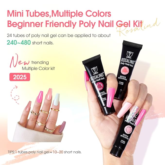 ROSALIND Poly Nail Gel Kit -24 Colors + Pink Brown with Accessories Clear Nude Poly Nails Gel Starter Kit with Mini UV Lamp Slip Solution Base Top Coat Nude Pink Extensions Set