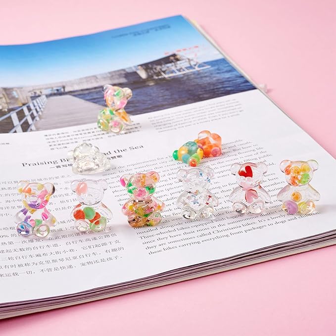 FASHEWELRY 60Pcs Transparent Resin Gummy Bear Cabochons Flatback 3D Cute Cartoon Bear Slime Charms with Star Paillette for DIY Jewelry Making