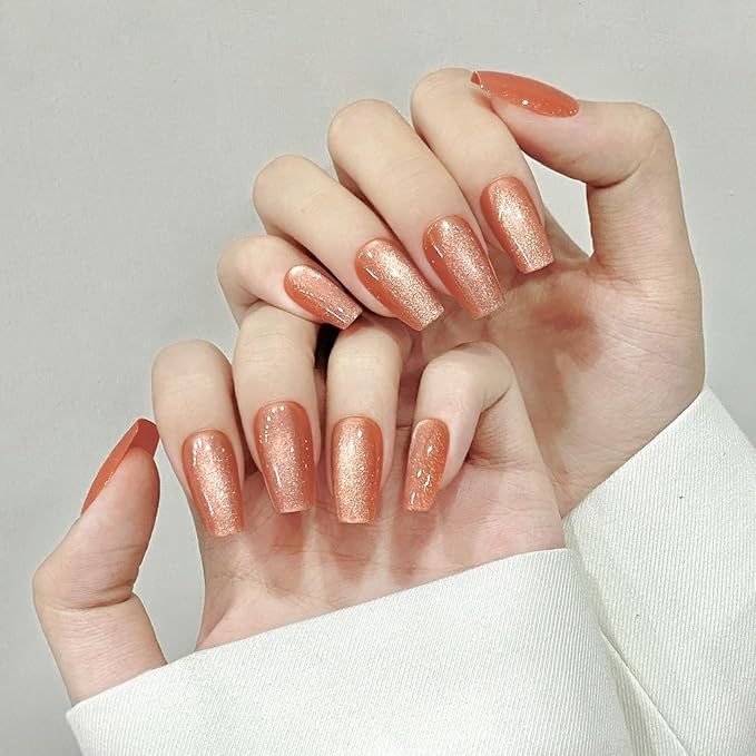Brown Cat Eyes Press On Nails,12 Sizes-24 Pcs Soft Gel Light Brown Medium Coffin Fake Nails Kit with Nail Glue, Natural Reusable Stick On False Nails for Women and Girls (Skycloud Brown Nails) SK0826