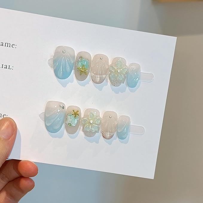 Blue French Tips Press on Nails Short Oval,Isle Blue Gradient & Hand-Sculpted Conch Relief False Nails,Ocean Whisper Fake Nails Kit,Glossy Cute Artisan Coastal Zen Nail Art with Tools 10pcs(L)