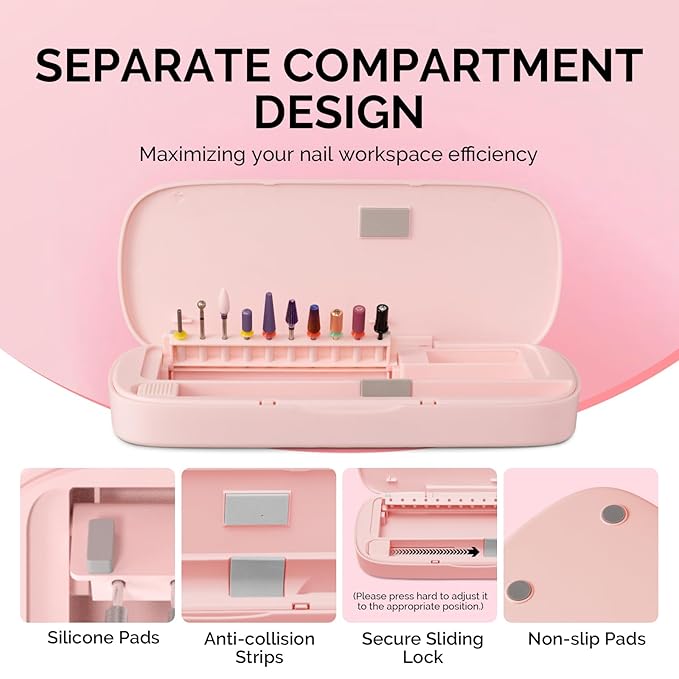 MelodySusie Acrylic Nail Tool Storage Box, Portable Dustproof Stand Displayer Holder Organizer Container Manicure Efile Accessories Nail Drill Kit Case, Travel Salon Home, Pink(Only Box)
