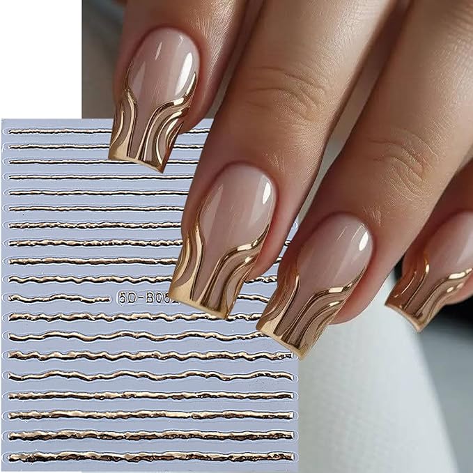 2 Sheets Gold Nail Stickers Embossed French Lines Nail Art Stickers 5D Self-Adhesive Gold Line Nail Decals French Nail Supplies for Women DIY Manicure Decorations