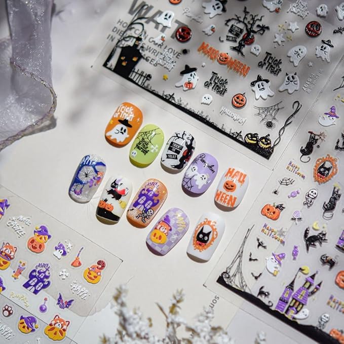 Halloween Nail Stickers Haunted House Ghost Nail Designs Pumpkin Cat Nail Decals 3D Self-Adhesive 5D Embossed Skeleton Spider Web Nails Supplies for Women Holiday DIY Manicure 1 Sheet