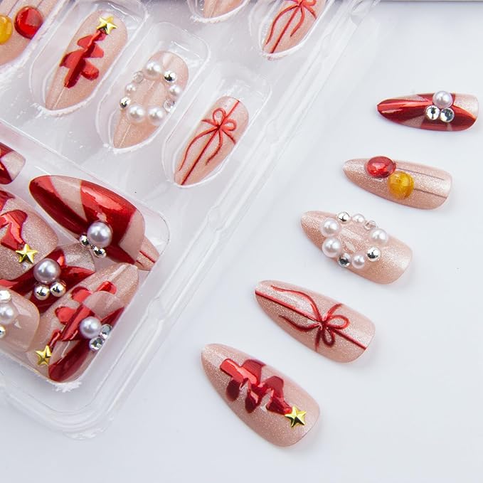 Christmas Press on Nails Medium Almond Fake Nails Red Christmas Tree False Nails Xmas Winter Cat Eye Glue on Nails with Pearl Reusable Acrylic Nail for Women Manicure 24Pcs