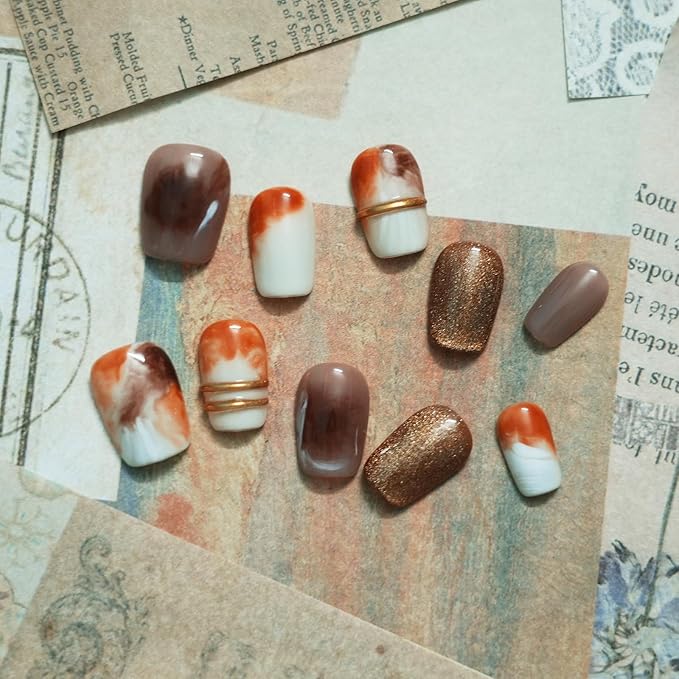 Brown Press on Nails Extra Short Coffin Nails, Handmade 3D Gold Lines & Marble Watercolor Ombre Design Glitter Artificial Luxury Acrylic Nail Set (Vintage Gold-Brown,L)