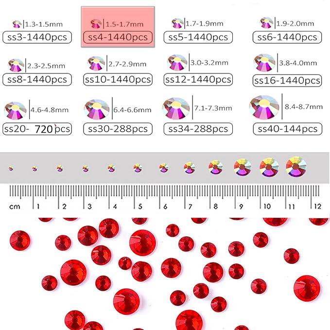 Dowarm 1440 Pieces SS4 Flatback Crystals, 1.5MM Flatback Crystal Rhinestones for Craft Nails Dance Costumes, Non Hotfix (Red/Siam)