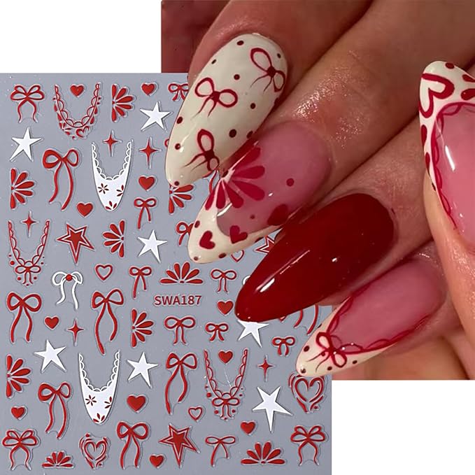 6Sheets French Tip Nail Art Stickers 3D Self Adhesive Valentines Nail Decals French Bow Nail Stickers Star Flower Bow Nail Design Heart Nail Supplies Decorations for Women Valentines Manicure