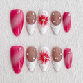 Luxury Press on Nails Medium Almond Handmade 3D Unique Reusable ABS Material Fake Nails White French Tip False Nails with Designs Flower Art Petal Pink Glossy Glue on Nails Thick Acrylic Nails(S)