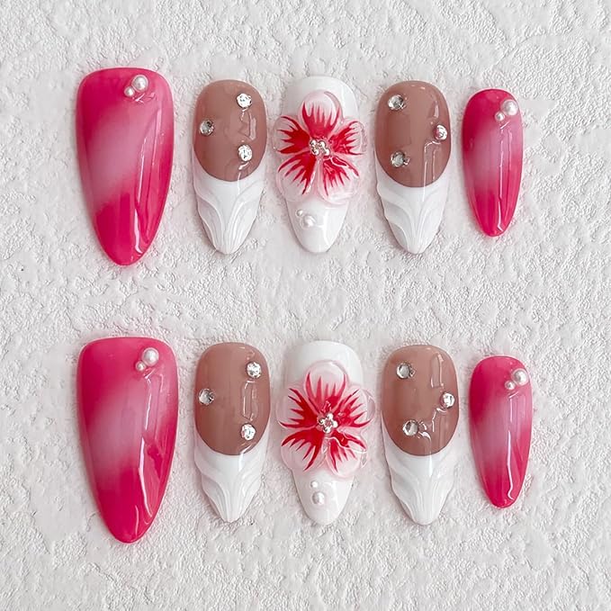 Luxury Press on Nails Medium Almond Handmade 3D Unique Reusable ABS Material Fake Nails White French Tip False Nails with Designs Flower Art Petal Pink Glossy Glue on Nails Thick Acrylic Nails(S)