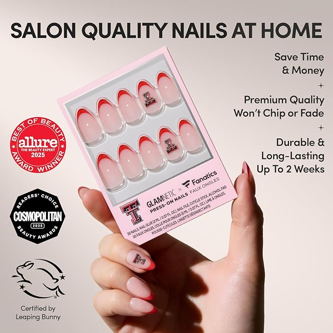 Glamnetic x Fanatics Press On Nails - Texas Tech Red Raiders | Short Almond Fake Nails, Collegiate Raiders Scarlet French Tips, College Nails, Salon-Quality | 15 Sizes - 30 Nail Kit with Glue