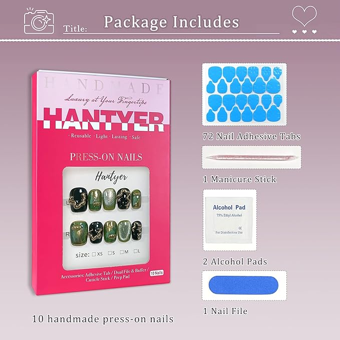 Black to Dark Green Ombre Press on Nails with Hand-Painted Gold 3D Lines - Short Square Glossy Luxury Fake Nails, Reusable Elegant False Nails for Women Fall Winter Season Party, Size XS