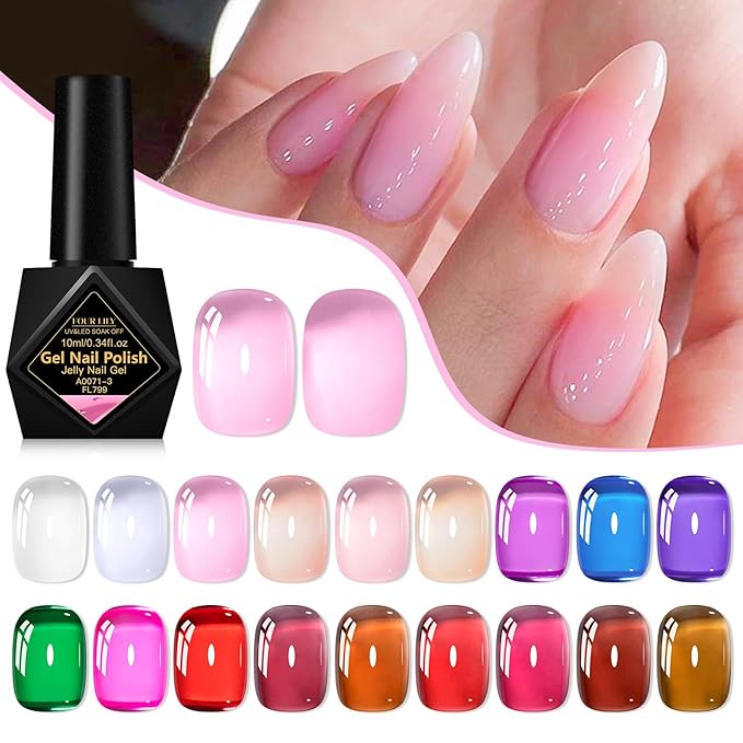 Jelly Gel Nail Polish Kit- 18 Trendy Bright Colors Sheer Pink Amber Soak Off UV/LED Lamp Curing, Chip Resistant & High Shine, DIY Home Manicure & Salon Use for Women & Teens