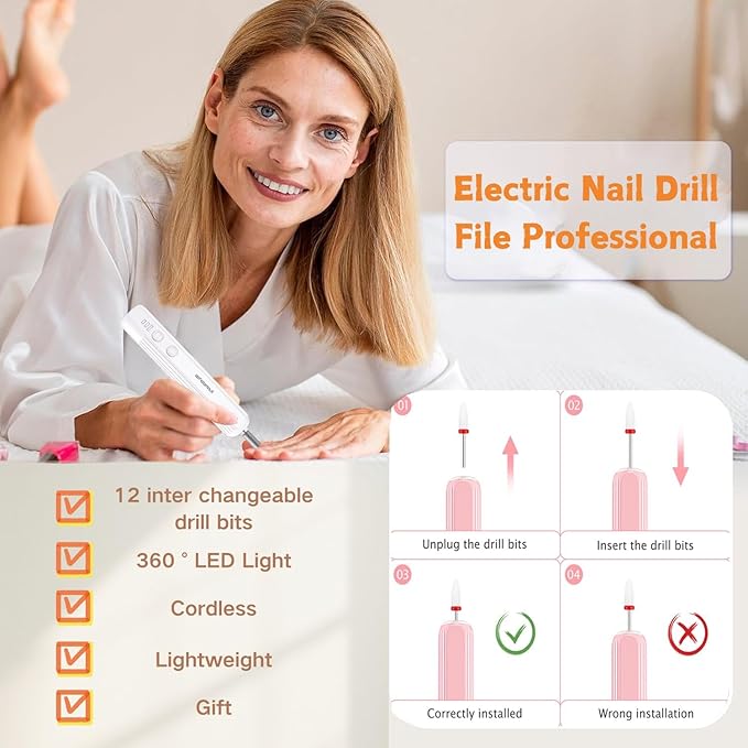 Electric Nail File Set,Professional 3 Speeds Cordless Electric Nail Drill Kit for Acrylic Gel Nails,12 in 1 Manicure and Pedicure Tools for Home Salon(White)