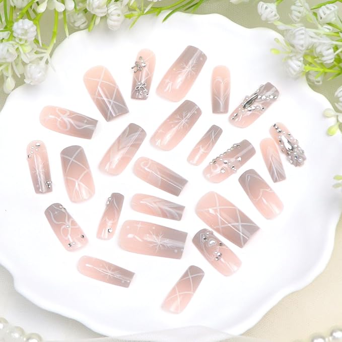 Pink Ombre Press on Nails Square Long White Snowflake Bow Heart Pearls Rhinestones Fake Nails Press ons Winter Cute Handmade Acrylic Full Cover Glossy Glue on Nail for Women 24 Pcs