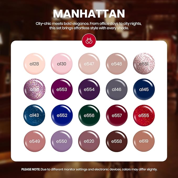 Beetles Gel Nail Polish Set Manhattan Collection 20 Colors Burgundy Red Brown Gold Champagne Glitter Gel Polish Soak Off UV Glossy & Matte Top Base Coat Home Salon Diy Gifts for Women