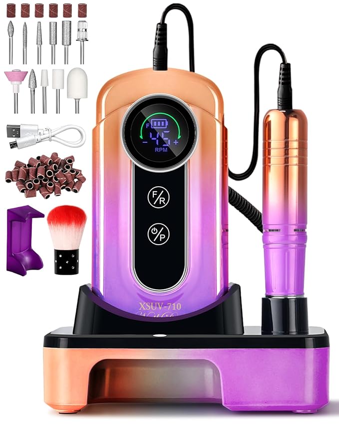 Professional Electric Nail Drill Kits 45000RPM Gradient Purple Portable Cordless 3-in-1 Nail File Machine with Rechargeable Stand and Nail Lamp for Acrylic Gel Polish Removing Home & Salon Use