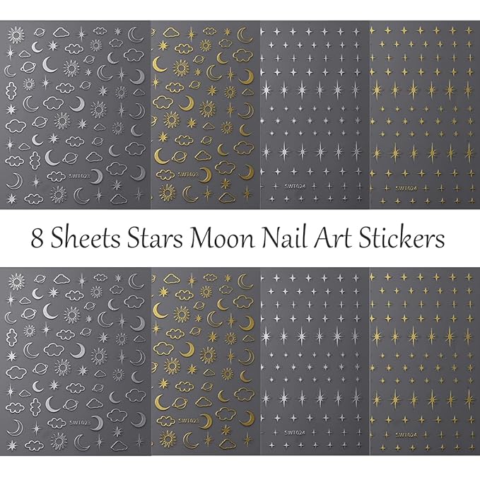Metallic Moon Star Nail Stickers 8 Sheets Gold Silver Nail Art Stickers 3D Self-Adhesive Cloud Sun Star Nail Art Design Supplies Starlight Moon Charm Nail Decals for Women Acrylic Manicure Decoration