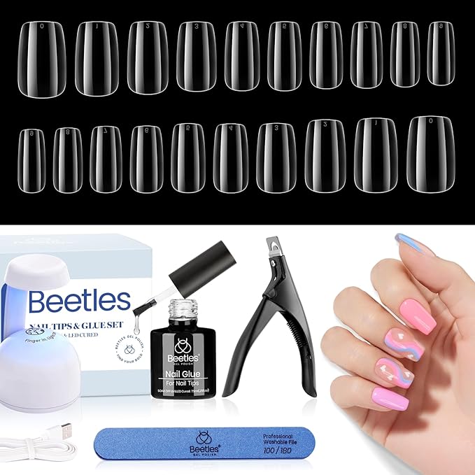 Beetles Gel Nail Kit Easy Extension Set, 240pcs Soft Short Square Nail Tips with 5-in-1 Glue Base Gel and Led Lamp Acrylic Tips Fake Nails Art Home Gelly Tips Beauty Gift Set