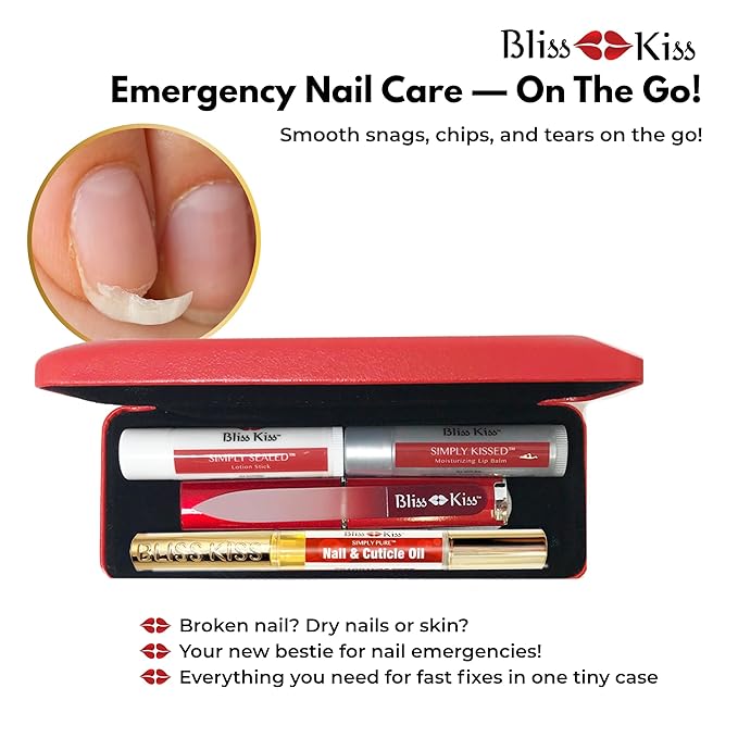 Bliss Kiss Nail Travel Manicure Kit - Great Gift Idea - Easy carry, to-go case to care for your nails, skin, and lips - Hydrating Nail and Cuticle Oil, Lotion Stick, Crystal Nail File, Lip Balm