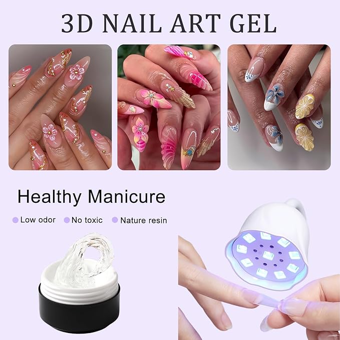 3D Sculpting Gel Kit - 15g Clear and White Non-Sticky Hand Solid Builder Nail Carving Gel with Gold Sliver Nail Chrome Powder DIY Salon