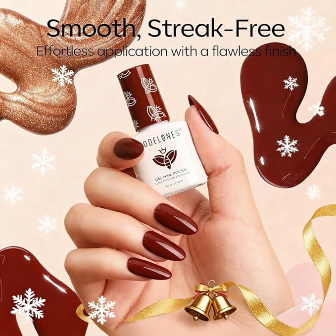 modelones Gel Nail Polish Kit with UV Light, Milky White Burgundy Red Nude Glitter Gold Winter Christmas Metallic Manicure Set with Base Top Coat Star Stickers 4 Colors Gel Mini Salon Nail Art Gift