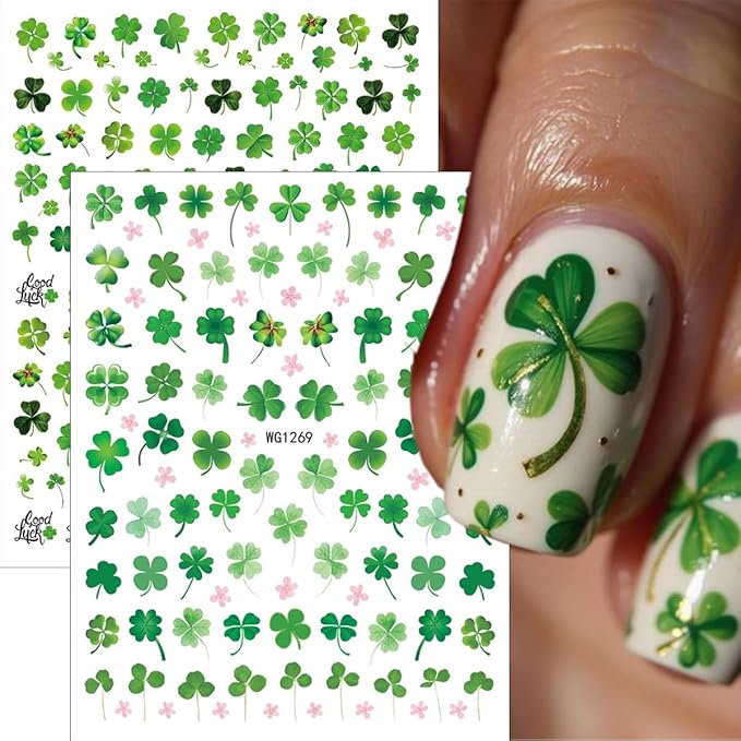 8Sheets St. Patrick's Day Nail Art Stickers Decals 3D Self Adhesive Spring Nail Decals Green Shamrock Nail Stickers Lucky Rainbow Clover Gnome Design Cute Nail Decoration Supplies for Women DIY