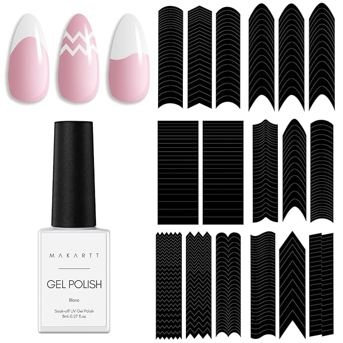 Makartt 7PCS French Nail Art Stickers Kit, 8ML White Gel Polish,6 Sheets French Design Stickers,Self-Adhesive French Manicure Strips Guides Kit For Beginner DIY Design