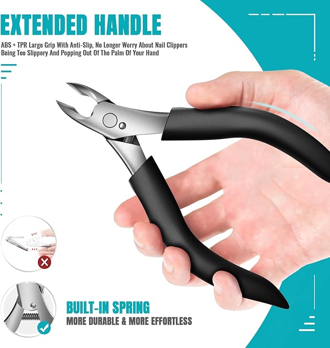 Toenail Clippers for Thick Nails for Seniors - Heavy Duty Toe Nail Clippers Kit with Long Handle for Men & Elderly with Inflexible Joints, Professional Nail Clippers Kit for Thickened Toenails (Black)
