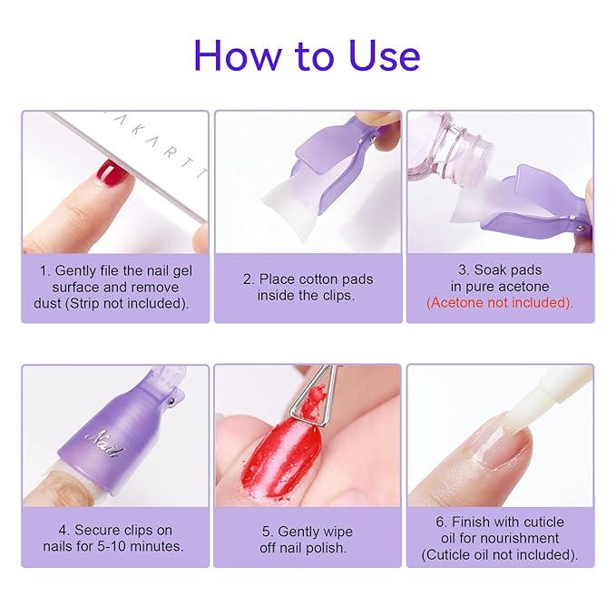 Makartt Nail Polish Remover Clips Kit, 20PCS Reusable Nail Soak Off Clips for Fingers & Toes, Acrylic & Nail Remover Tools, Double-Ended Cuticle Pusher, Fast, Mess-Free Gel Removal at Home or Salon