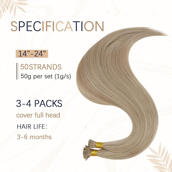 RUNATURE I Tip Hair Extensions Human Hair Blonde I Tip Hair Extensions Human Hair 20 Inch Itip Long Extensions Remy Natural Hair Pre Bonded Hair Extension Golden Blonde Highlight Light Blonde 50g 50s