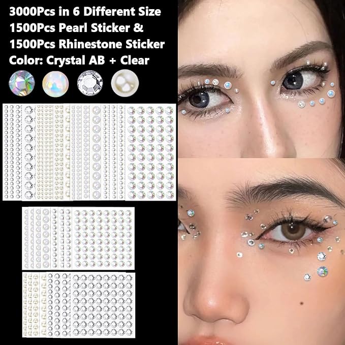 3000Pcs Self Adhesive Pearls and Rhinestones Stickers, Stick on Rhinestone Hair Pearl Diamond Stickers Self Adhesive Face Gems Hair Gems for Face Makeup Nail Art Cell Phone DIY Crafts